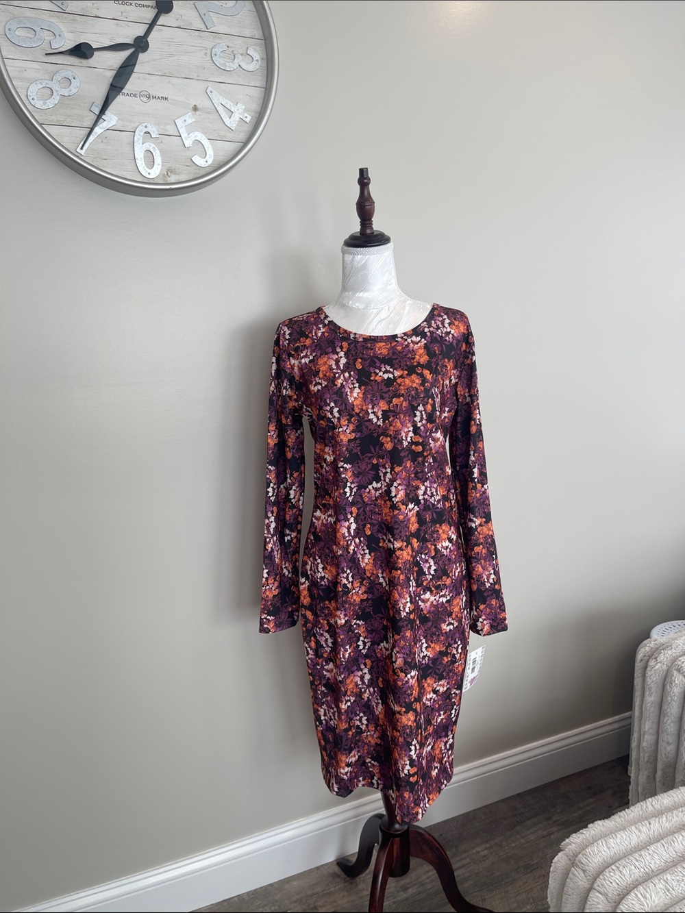 LuLaRoe Long-Sleeve Floral Dress — Plum & Rust